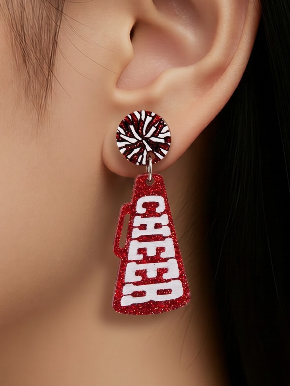 Red Glitter Cheer Megaphone Earrings 📣 School Spirit Cheerleader Stud Dangles